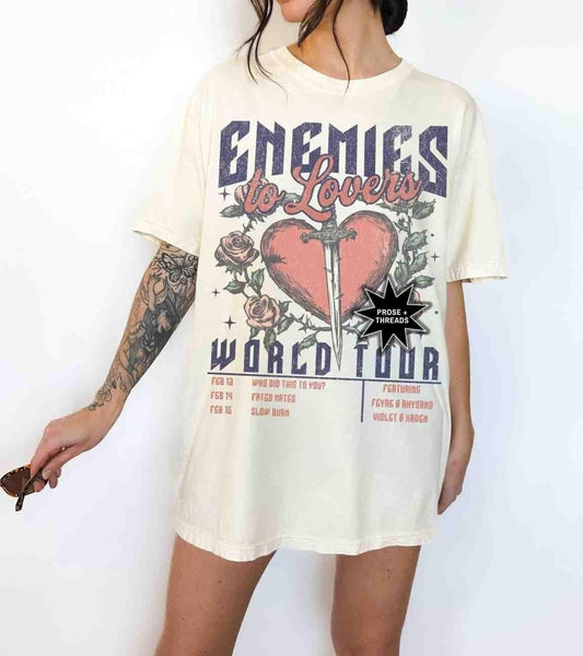 Enemies to Lovers romantasy band shirt with vintage graphic design