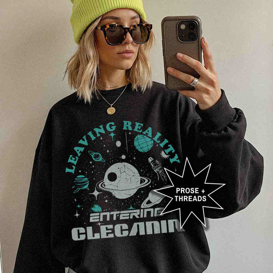 Woman wearing Entering Clecanian Sweatshirt with retro sci-fi graphic