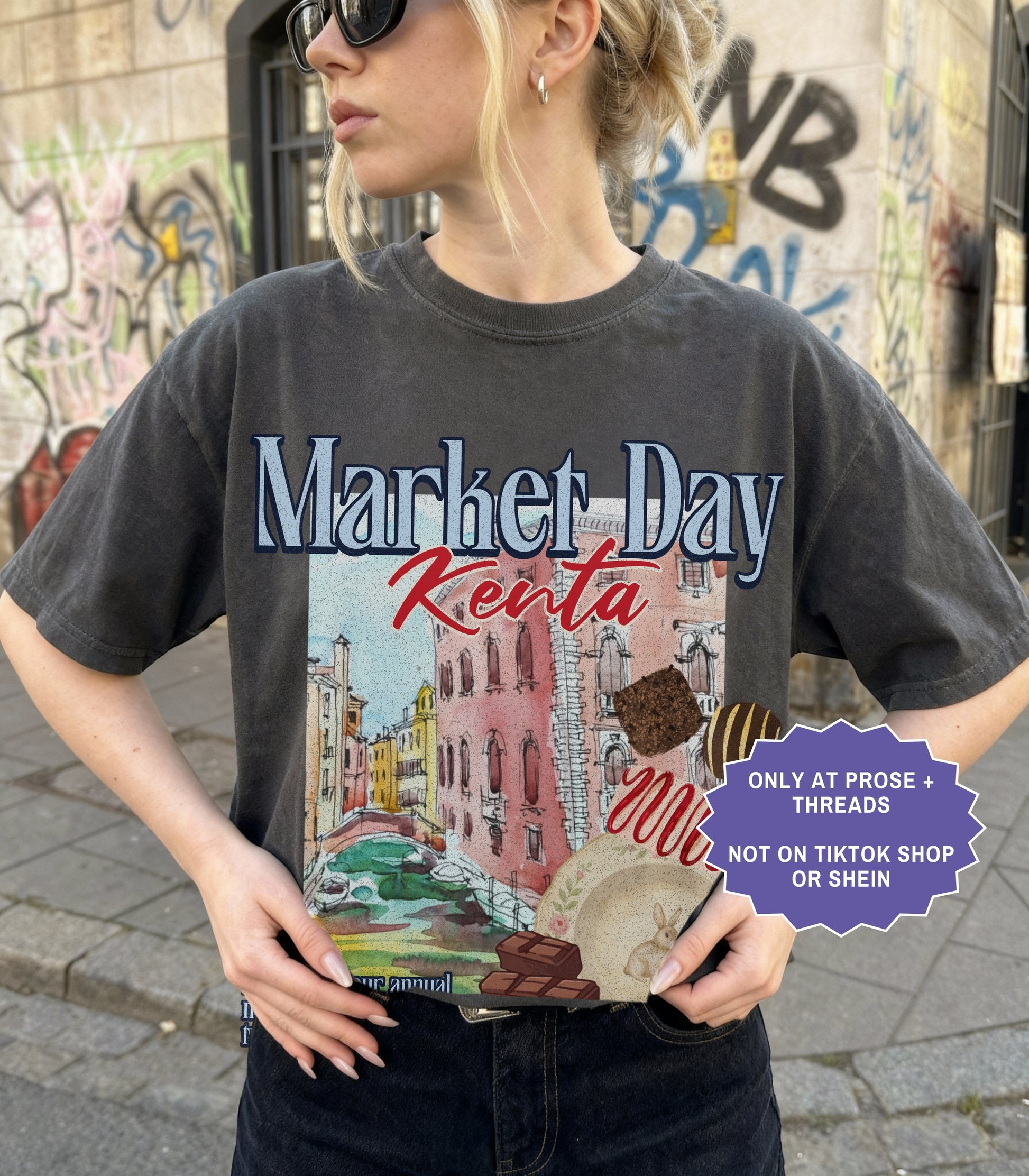 Fantasy romance Market Day shirt inspired by Metal Slinger featuring vintage postcard artwork with magical market aesthetic