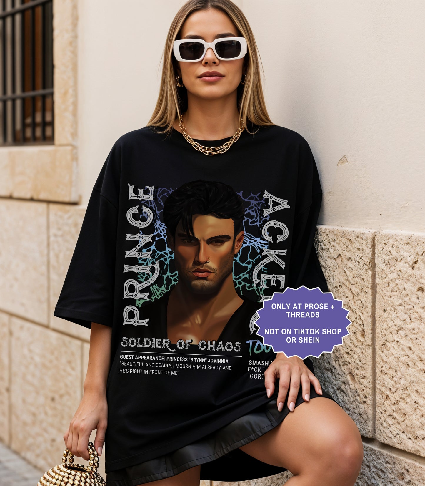 Acker Soldier of Chaos tour shirt front and back mockup inspired by Metal Slinger by Rachel Schneider on oversized black fantasy romance graphic tee