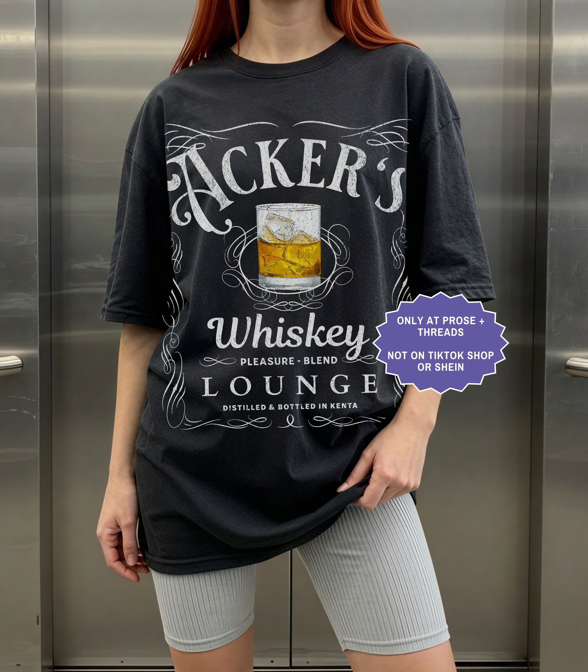Dark fantasy romance shirt inspired by Metal Slinger featuring Acker’s Whiskey Lounge vintage tavern graphic with whiskey glass artwork