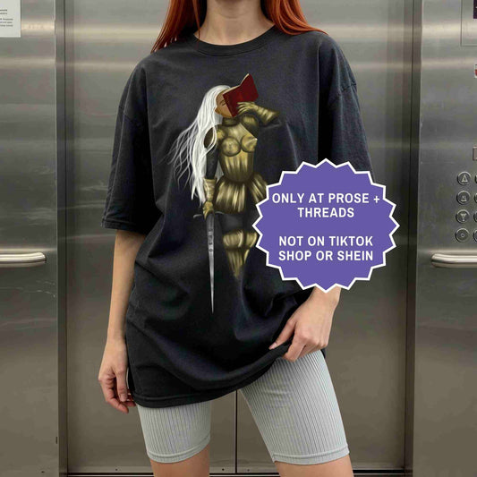Female knight fantasy shirt for BookTok readers
Fantasy reader tee with female warrior design