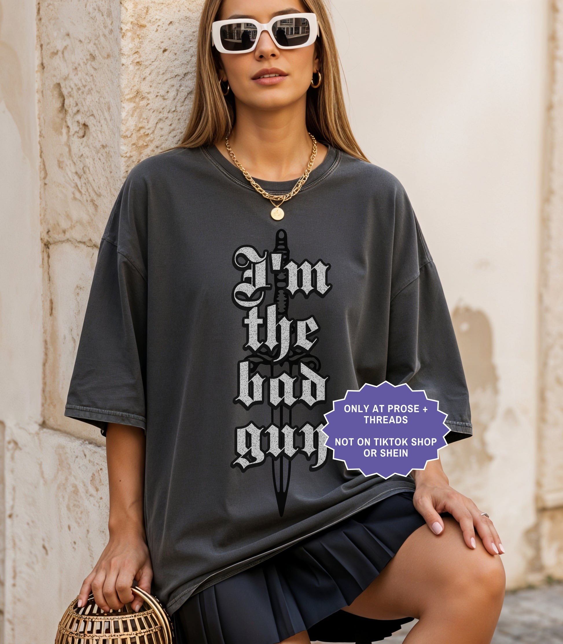 Dark fantasy romance shirt inspired by Metal Slinger featuring gothic “I’m The Bad Guy” quote typography on oversized washed tee