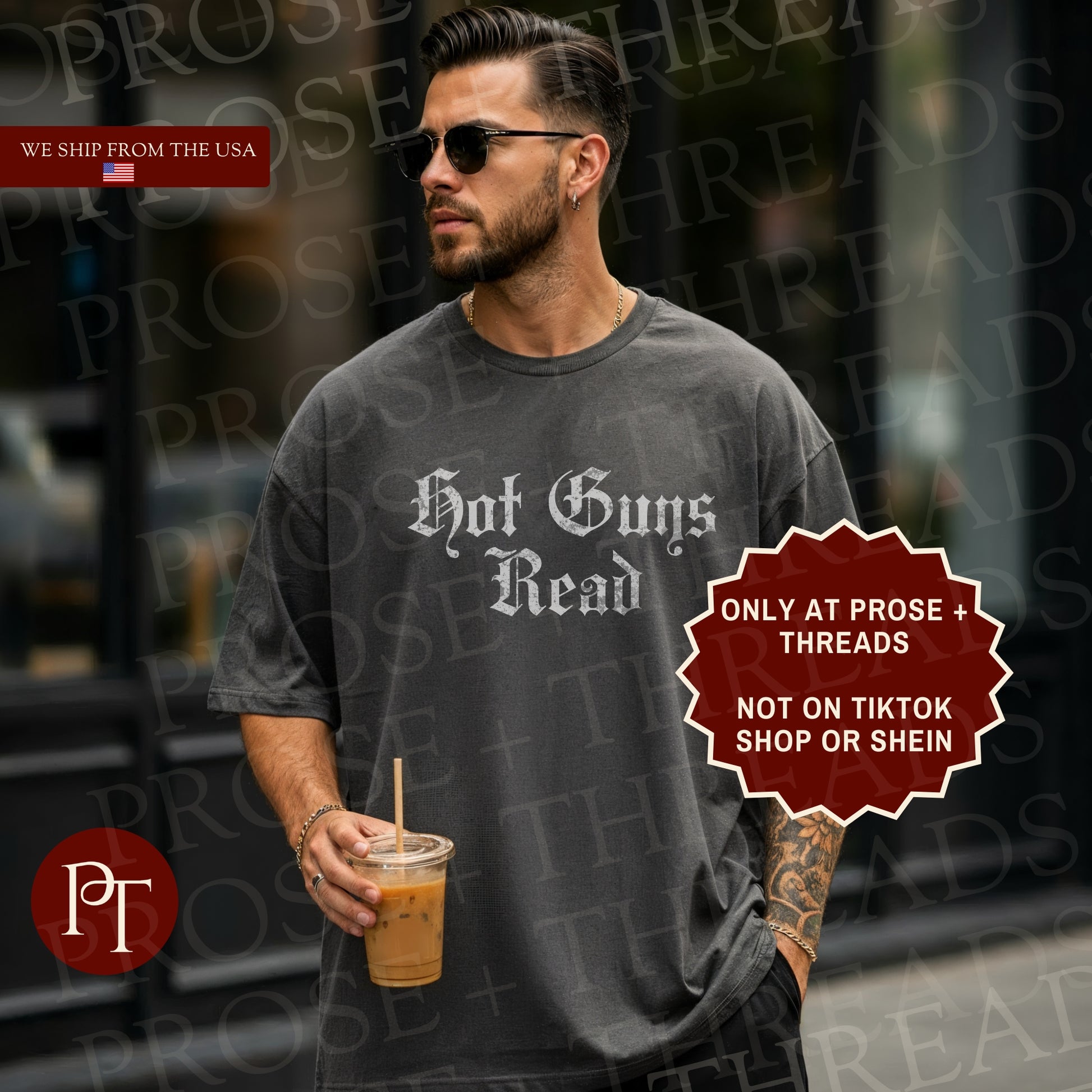 Hot Guys Read Shirt with gothic typography design on grey graphic tee