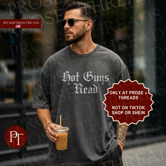 Hot Guys Read Shirt with gothic typography design on grey graphic tee