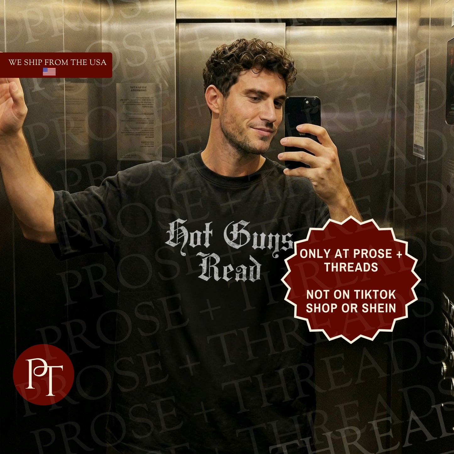 Hot Guys Read Shirt with gothic typography design on black graphic tee