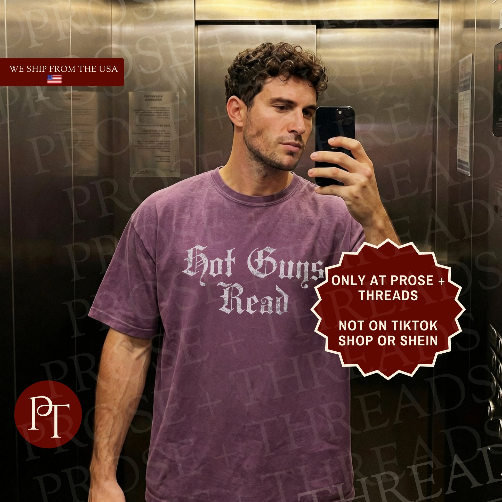 Hot Guys Read Shirt with gothic typography design on purple graphic tee