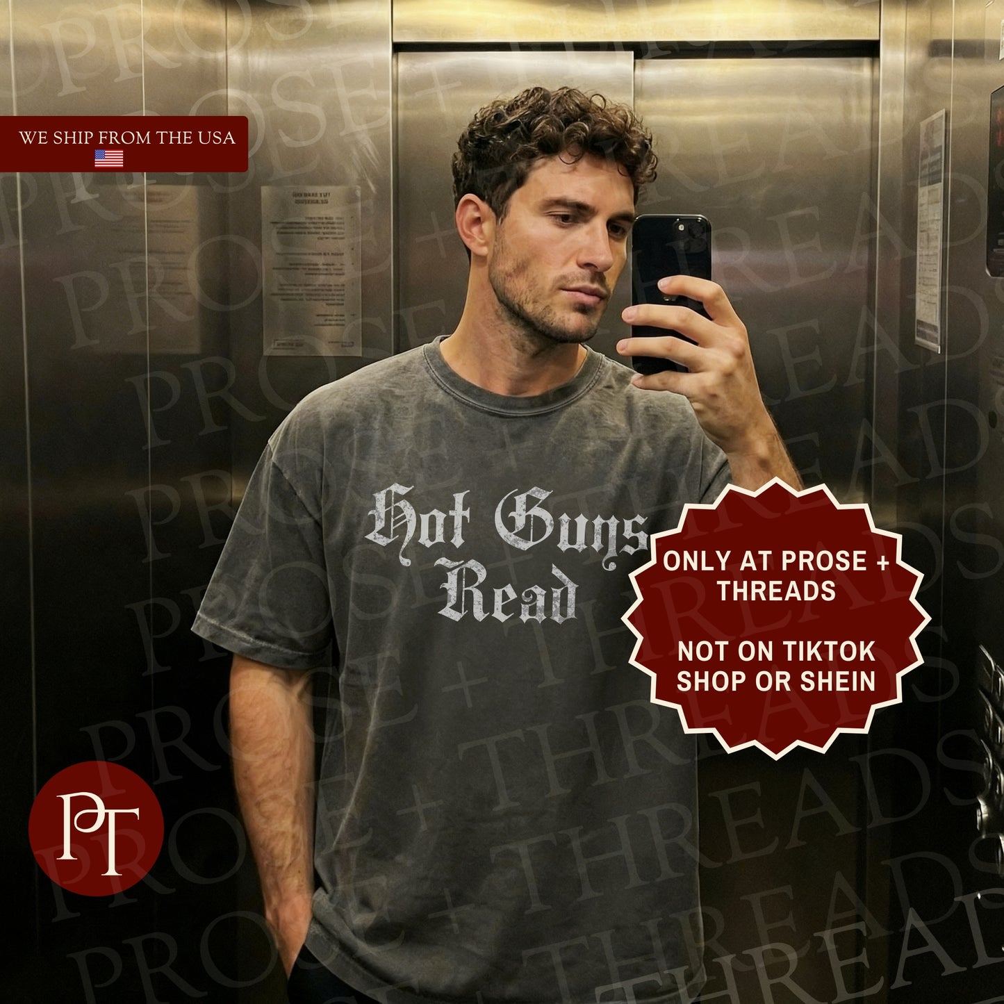Hot Guys Read Shirt with gothic typography design on pepper graphic tee