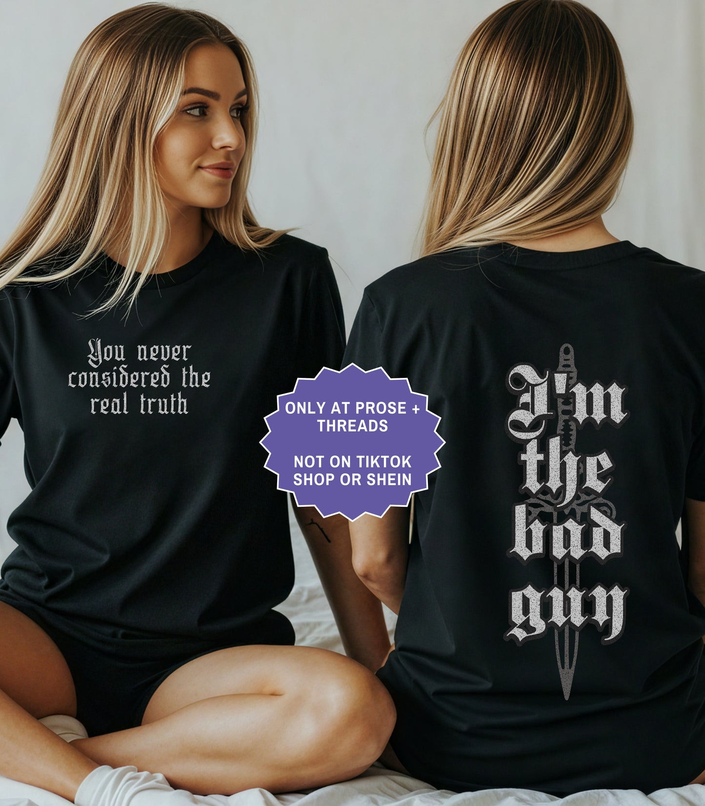 Double sided fantasy romance shirt inspired by Metal Slinger featuring gothic “I’m the bad guy” quote design and dark romantasy aesthetic