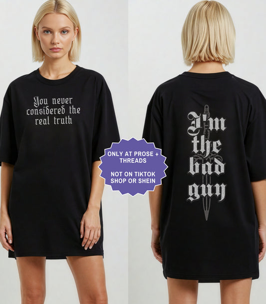 Double sided fantasy romance shirt inspired by Metal Slinger featuring gothic “I’m the bad guy” quote design and dark romantasy aesthetic