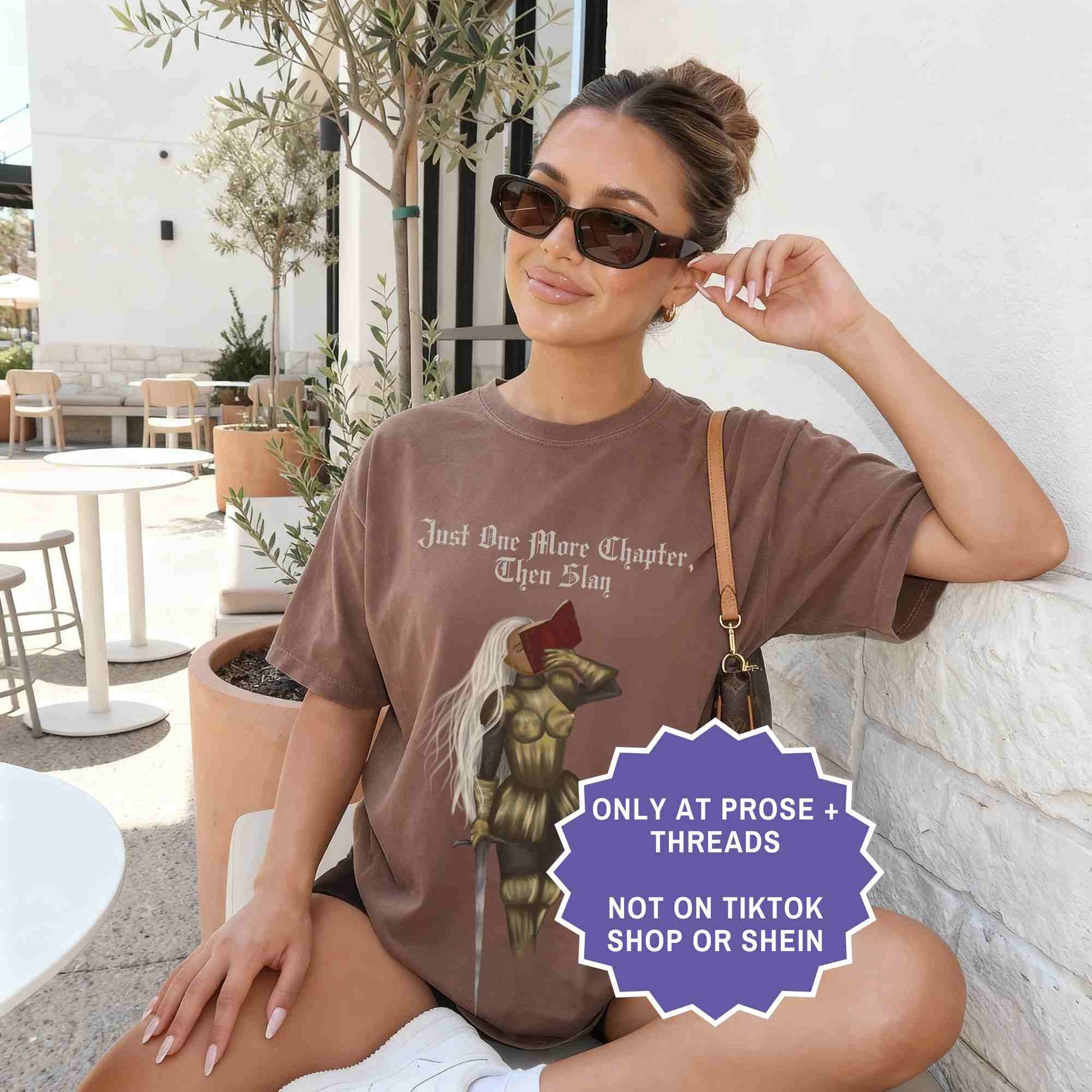 Just One More Chapter shirt with female knight fantasy design