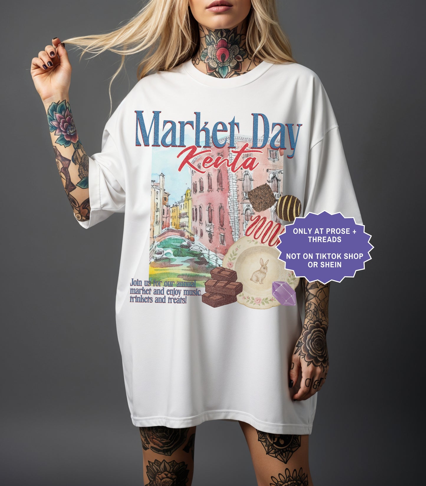Fantasy romance Market Day shirt inspired by Metal Slinger featuring vintage postcard artwork with magical market aesthetic