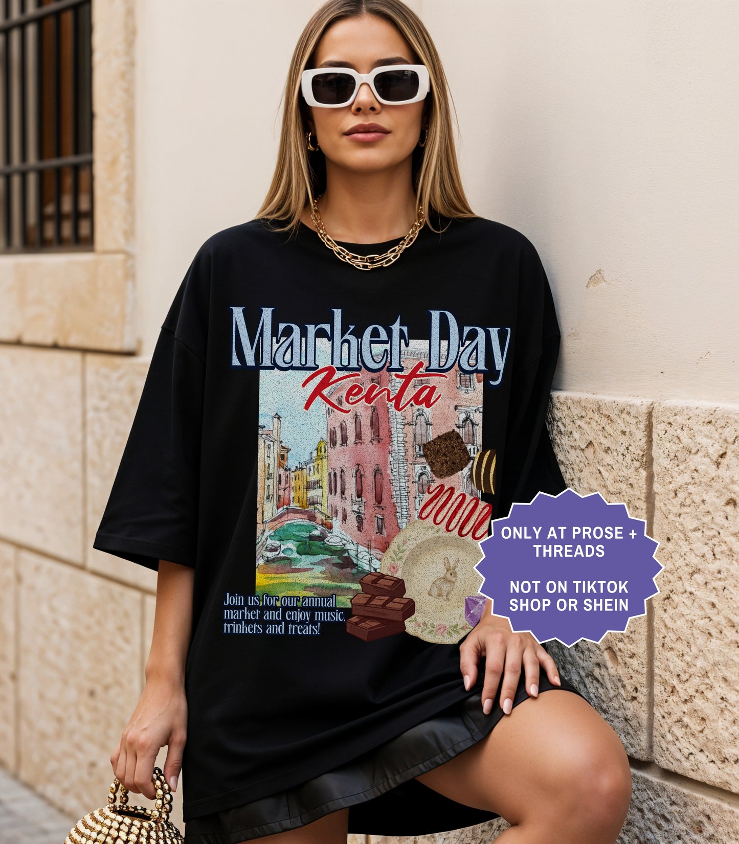 Fantasy romance Market Day shirt inspired by Metal Slinger featuring vintage postcard artwork with magical market aesthetic
