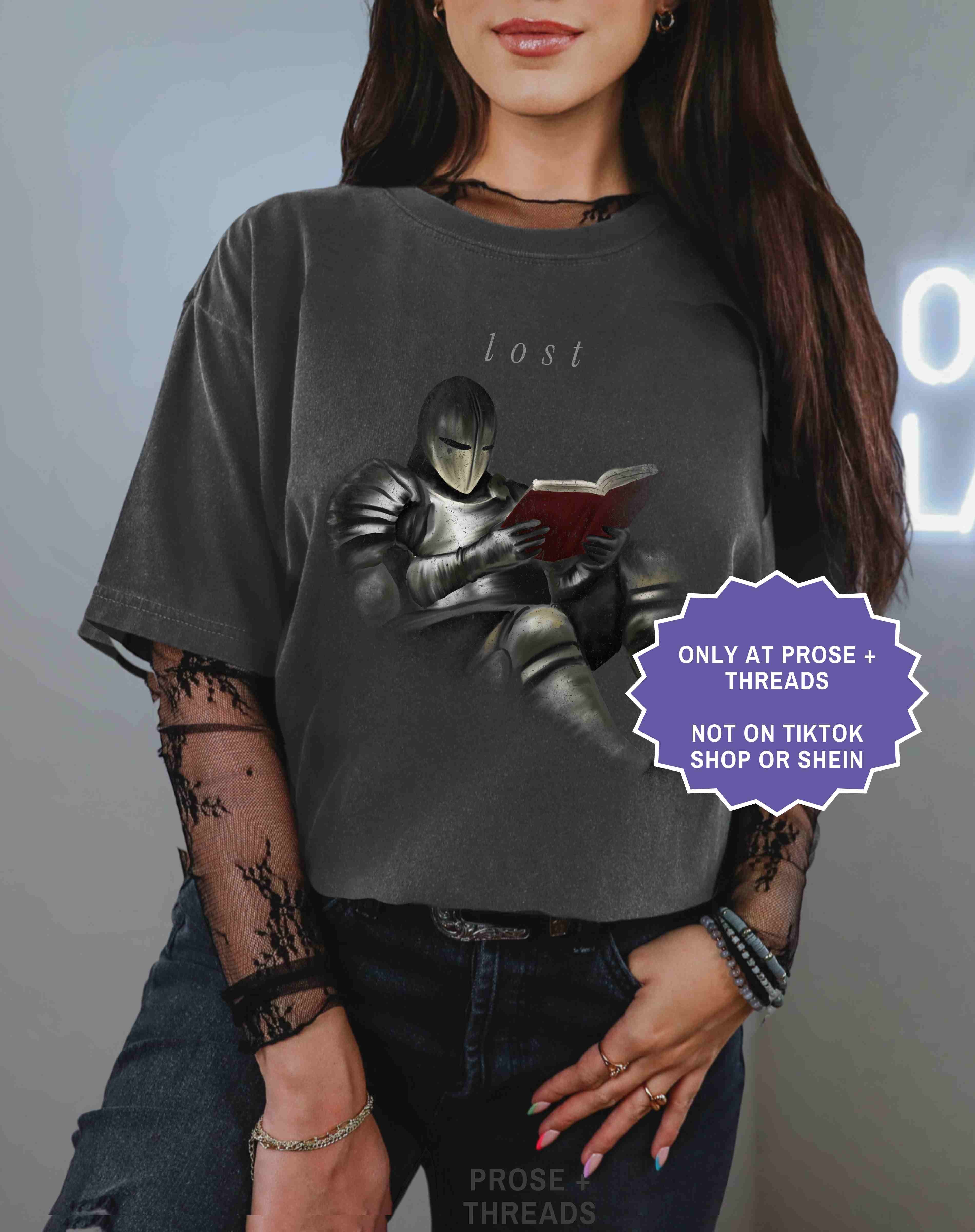 Lost in a book knight tee for fantasy readers. A minimal, aesthetic shirt for book lovers who enjoy immersive stories.