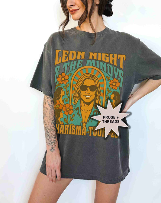 Woman wearing Leon Night Retro Shirt with vintage fantasy band graphic