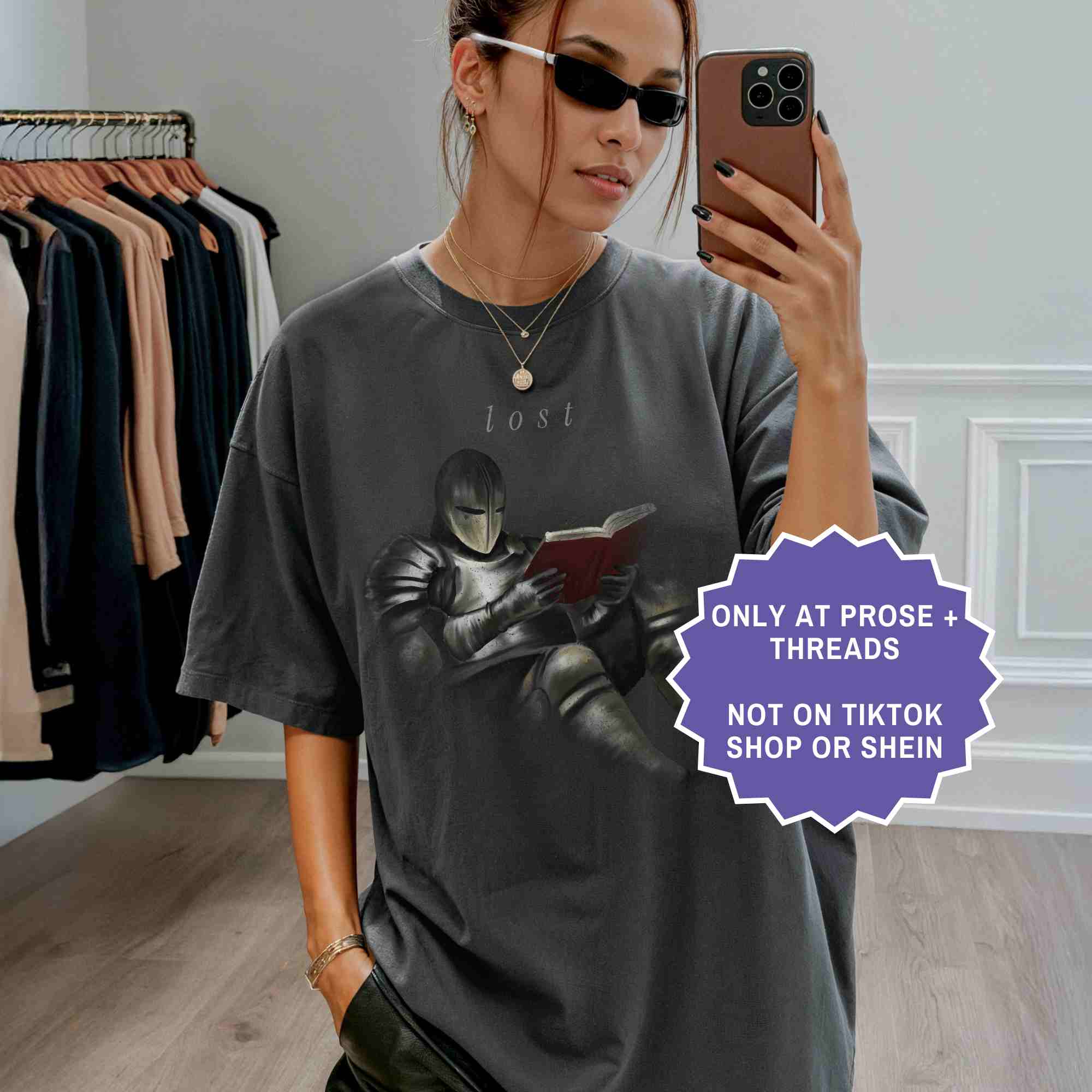 Lost in a book knight tee for fantasy readers. A minimal, aesthetic shirt for book lovers who enjoy immersive stories.