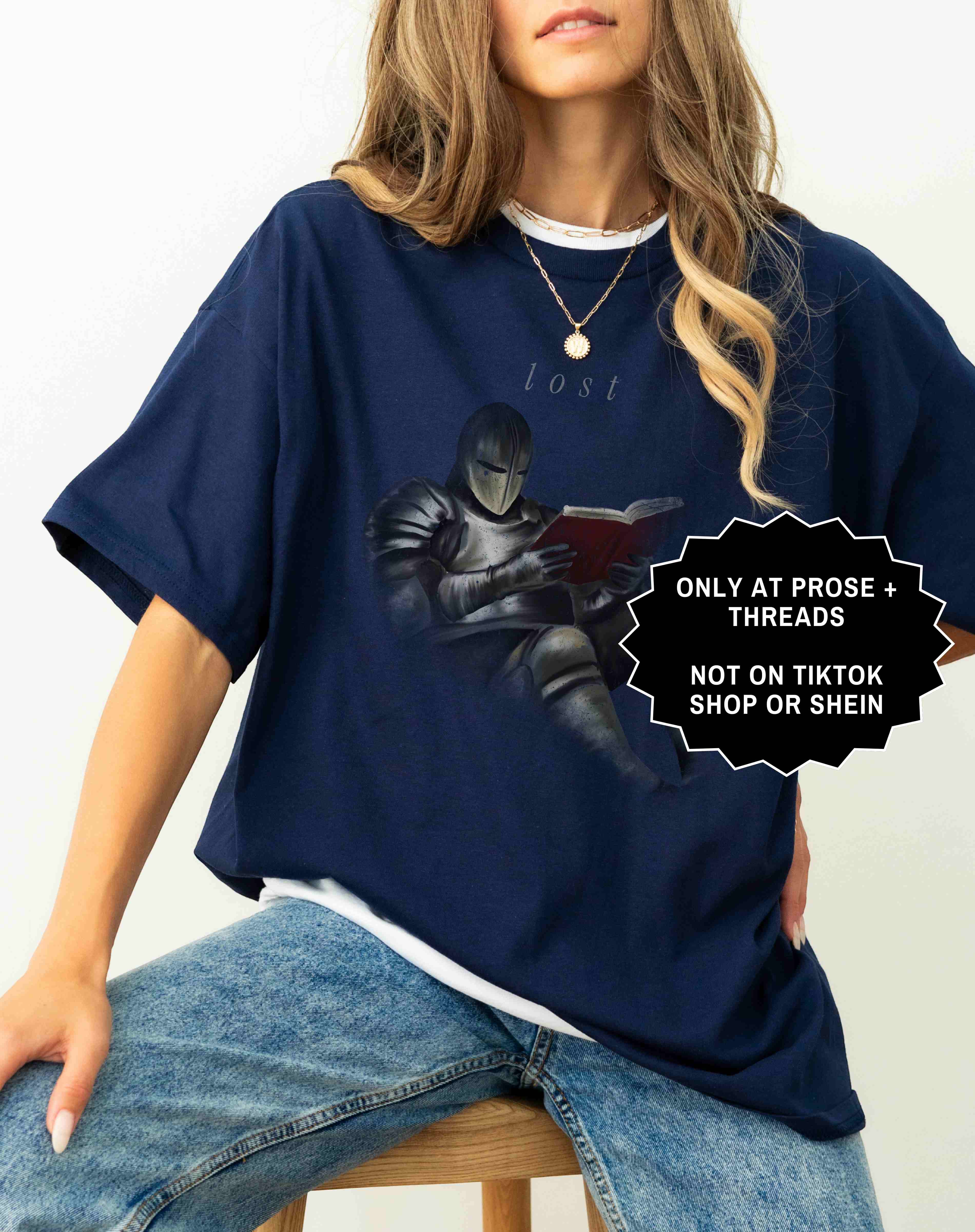 Lost in a book knight tee for fantasy readers. A minimal, aesthetic shirt for book lovers who enjoy immersive stories.
