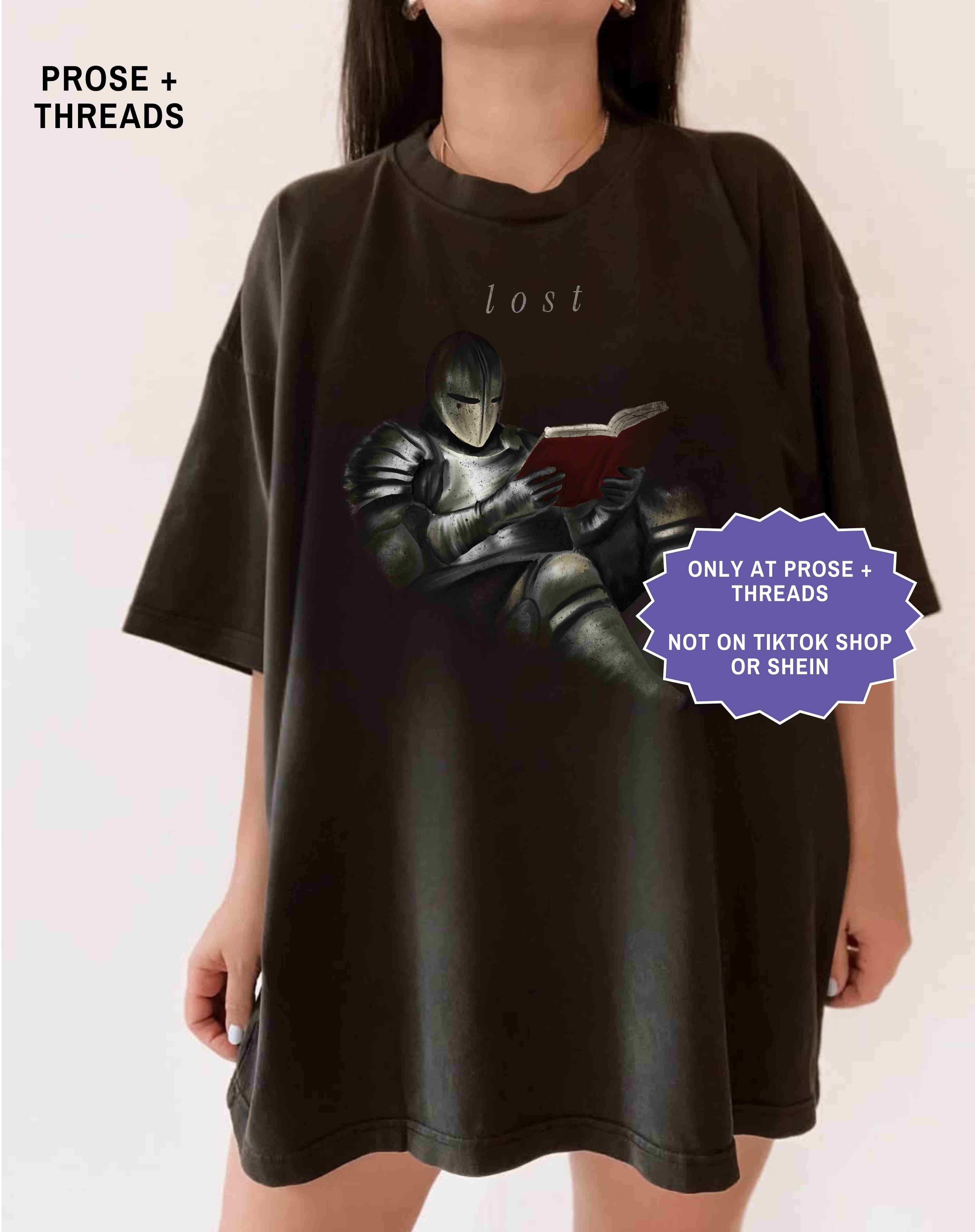 Lost in a book knight tee for fantasy readers. A minimal, aesthetic shirt for book lovers who enjoy immersive stories.