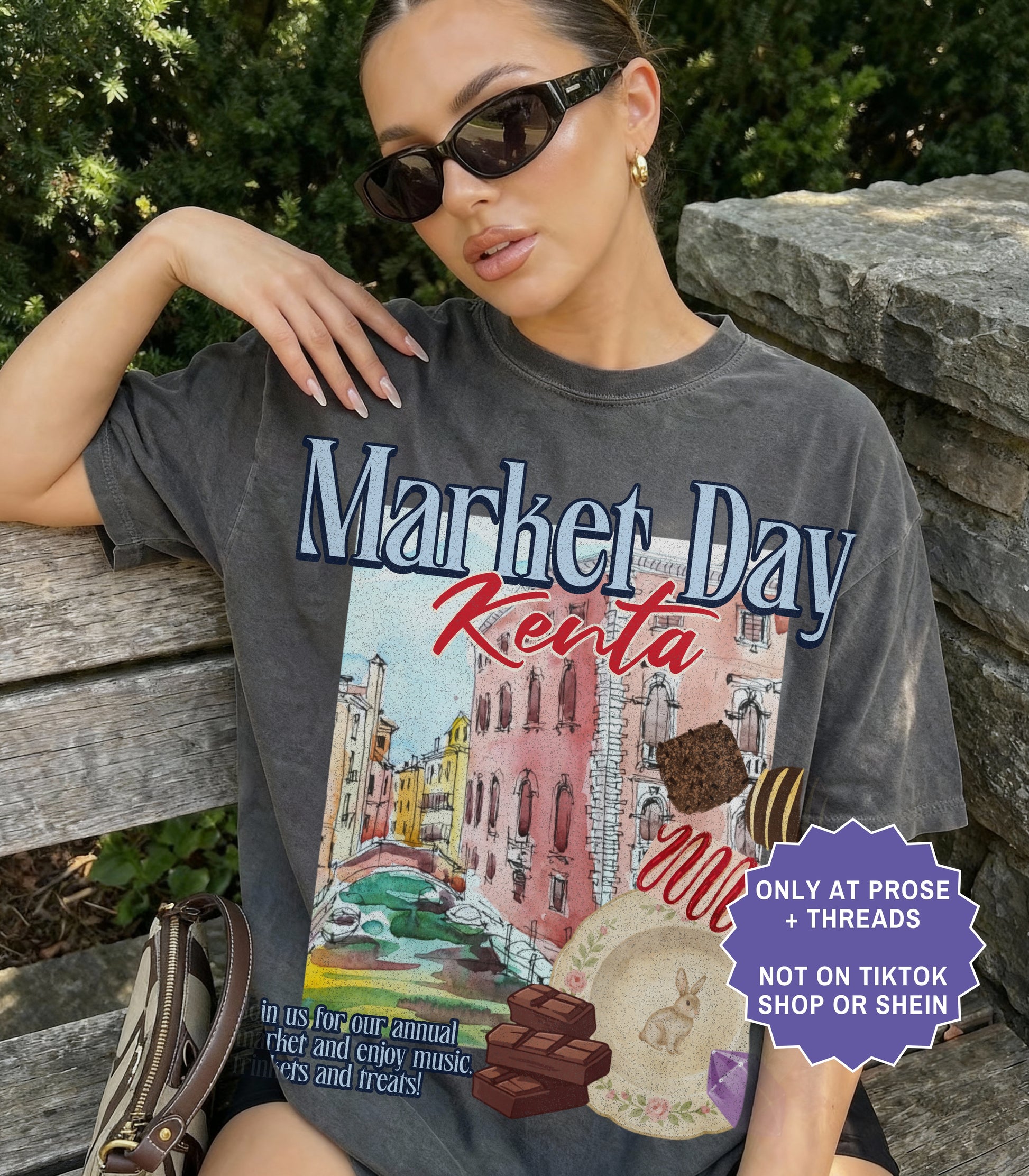 Fantasy romance Market Day shirt inspired by Metal Slinger featuring vintage postcard artwork with magical market aesthetic