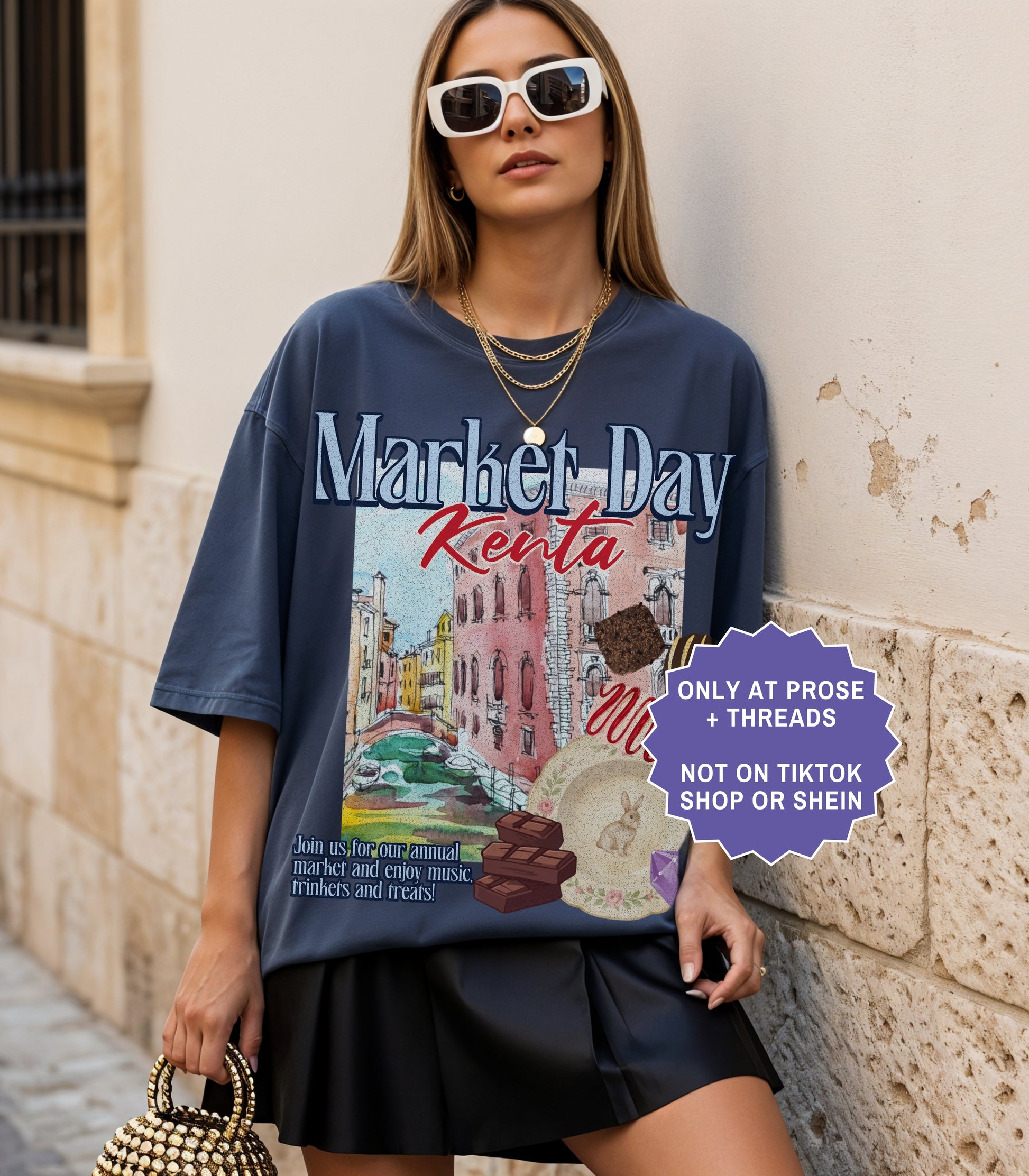 Fantasy romance Market Day shirt inspired by Metal Slinger featuring vintage postcard artwork with magical market aesthetic