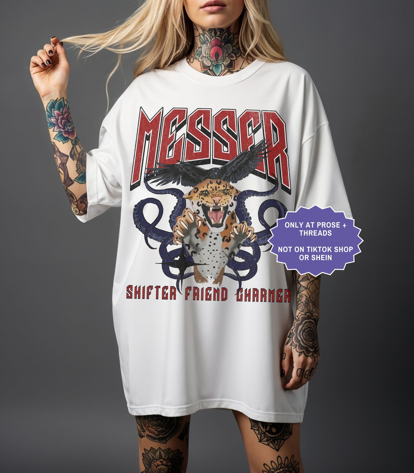 Metal Slinger fantasy romance merch collection featuring oversized graphic tees inspired by Rachel Schneider characters and quotes