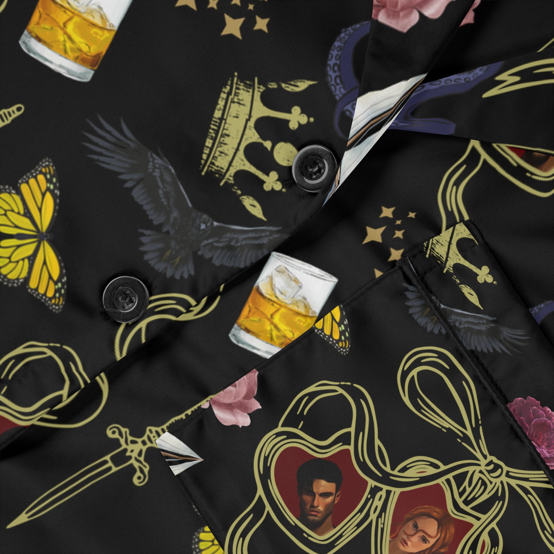 Black satin pajama set inspired by Metal Slinger featuring dark floral fantasy print for romantasy readers and book lovers