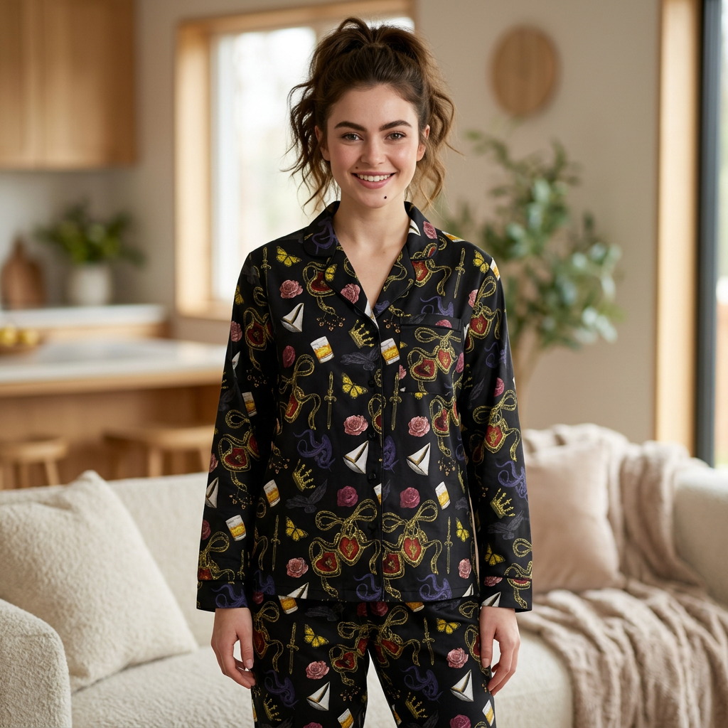 Black satin pajama set inspired by Metal Slinger featuring dark floral fantasy print for romantasy readers and book lovers