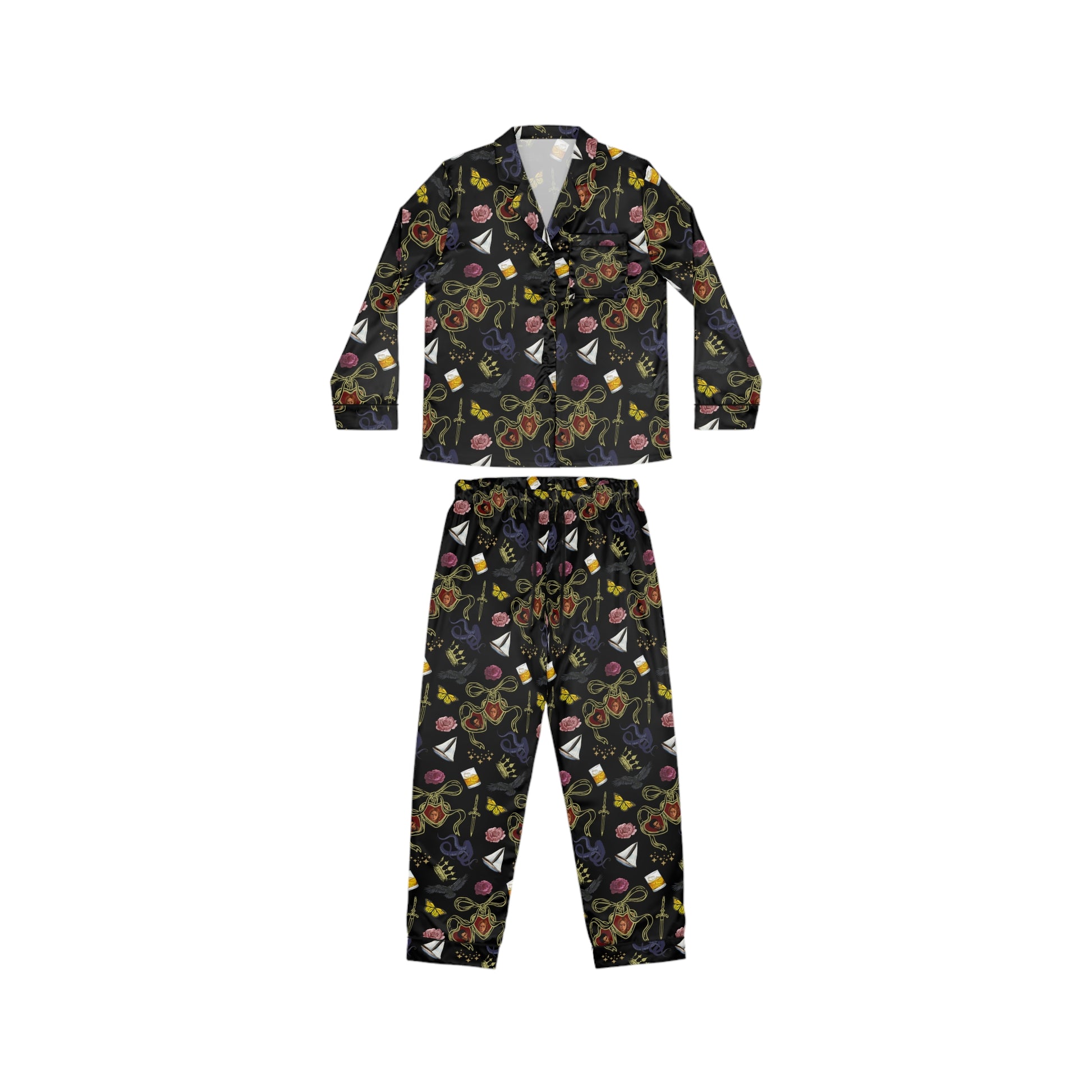 Black satin pajama set inspired by Metal Slinger featuring dark floral fantasy print for romantasy readers and book lovers