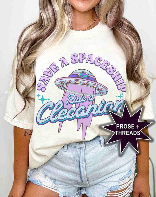 Woman wearing Ride A Clecanian sci-fi romance graphic tee