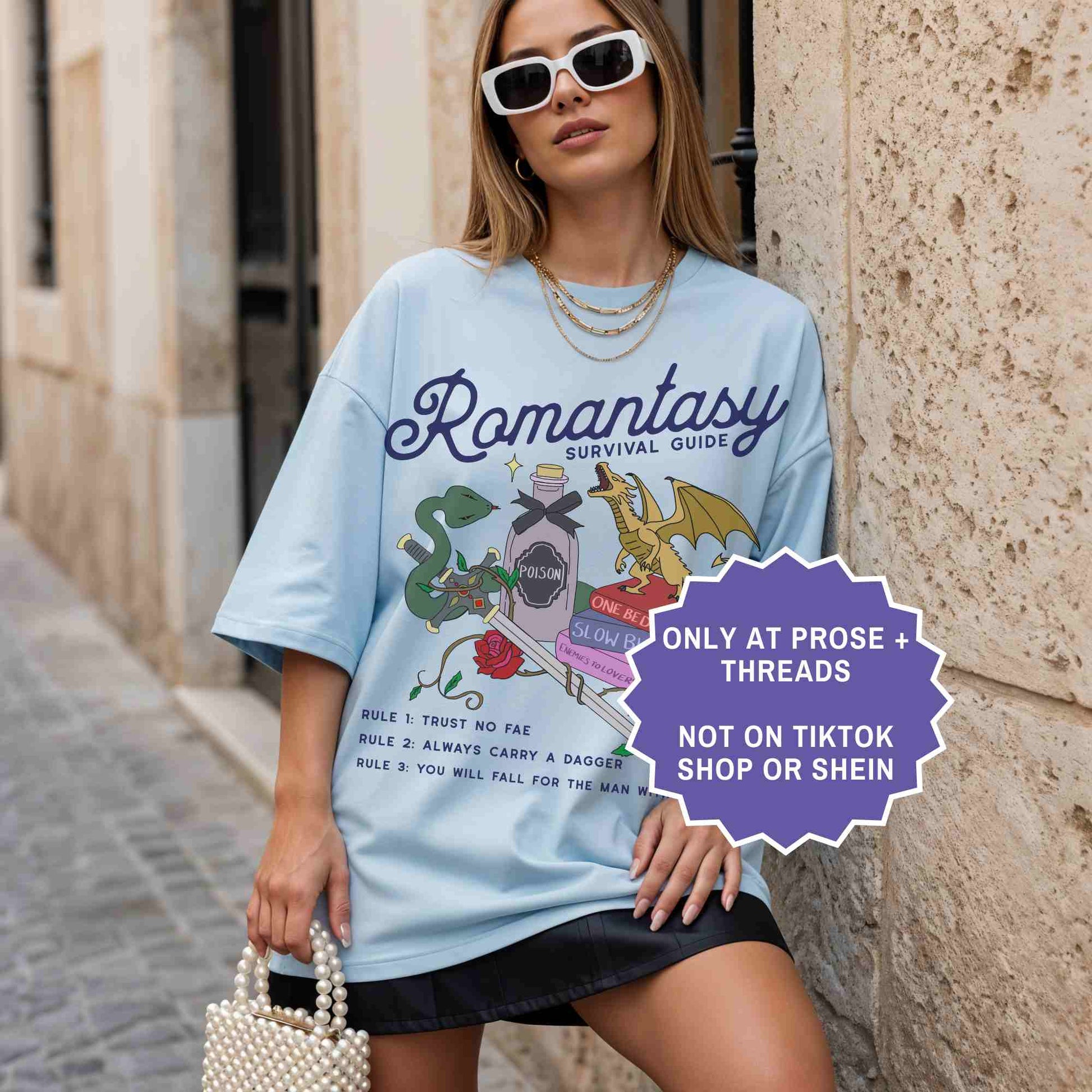 Romantasy survival guide tee for book lovers. A fun, aesthetic shirt for BookTok readers and fantasy fans.