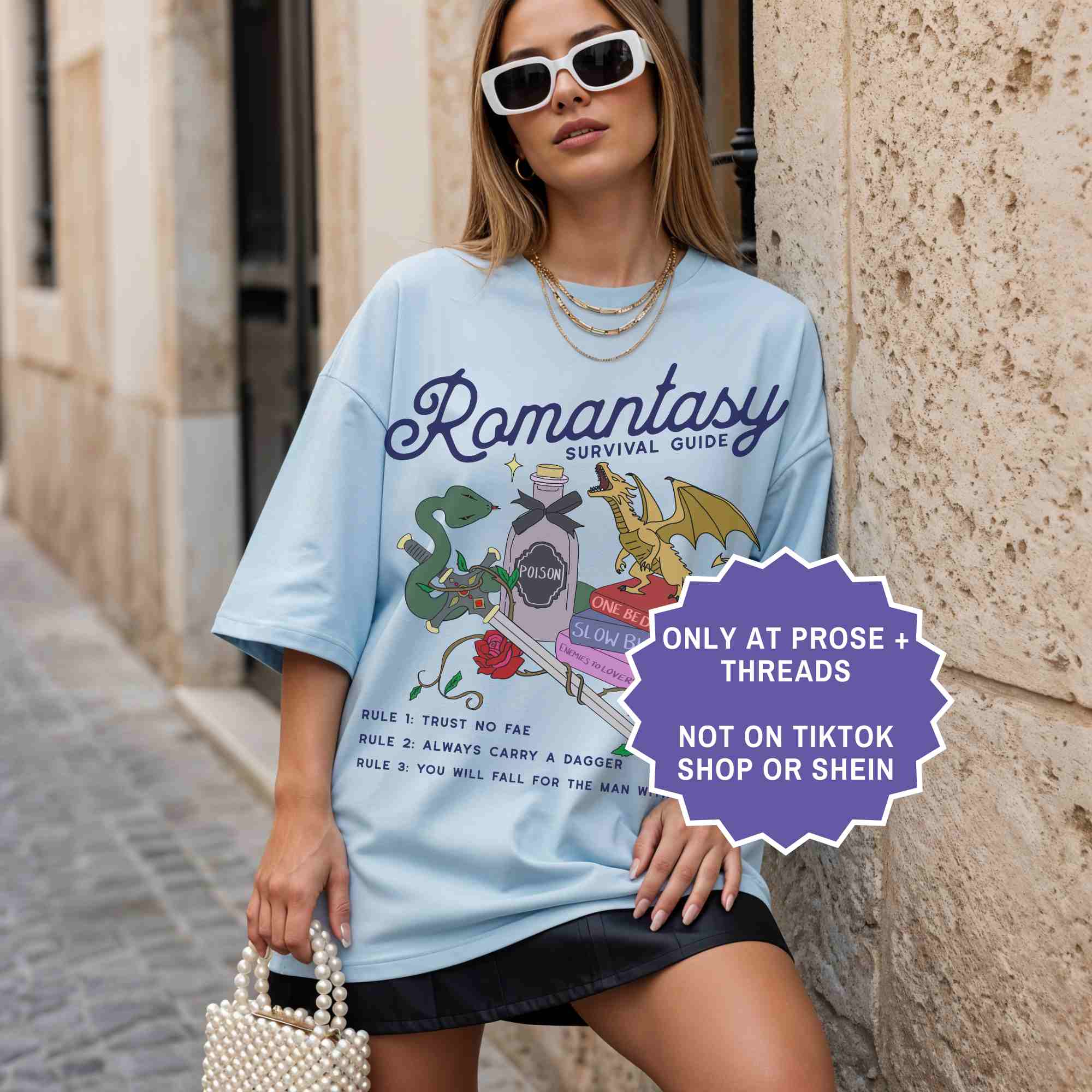 Romantasy survival guide tee for book lovers. A fun, aesthetic shirt for BookTok readers and fantasy fans.