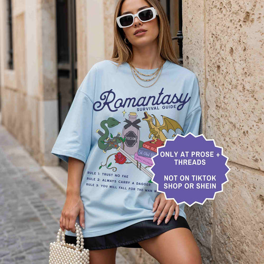 Romantasy survival guide tee for book lovers. A fun, aesthetic shirt for BookTok readers and fantasy fans.