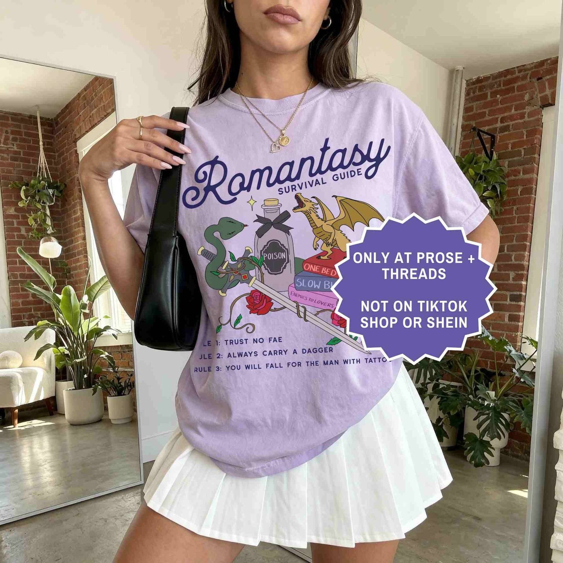 Romantasy survival guide tee for book lovers. A fun, aesthetic shirt for BookTok readers and fantasy fans.