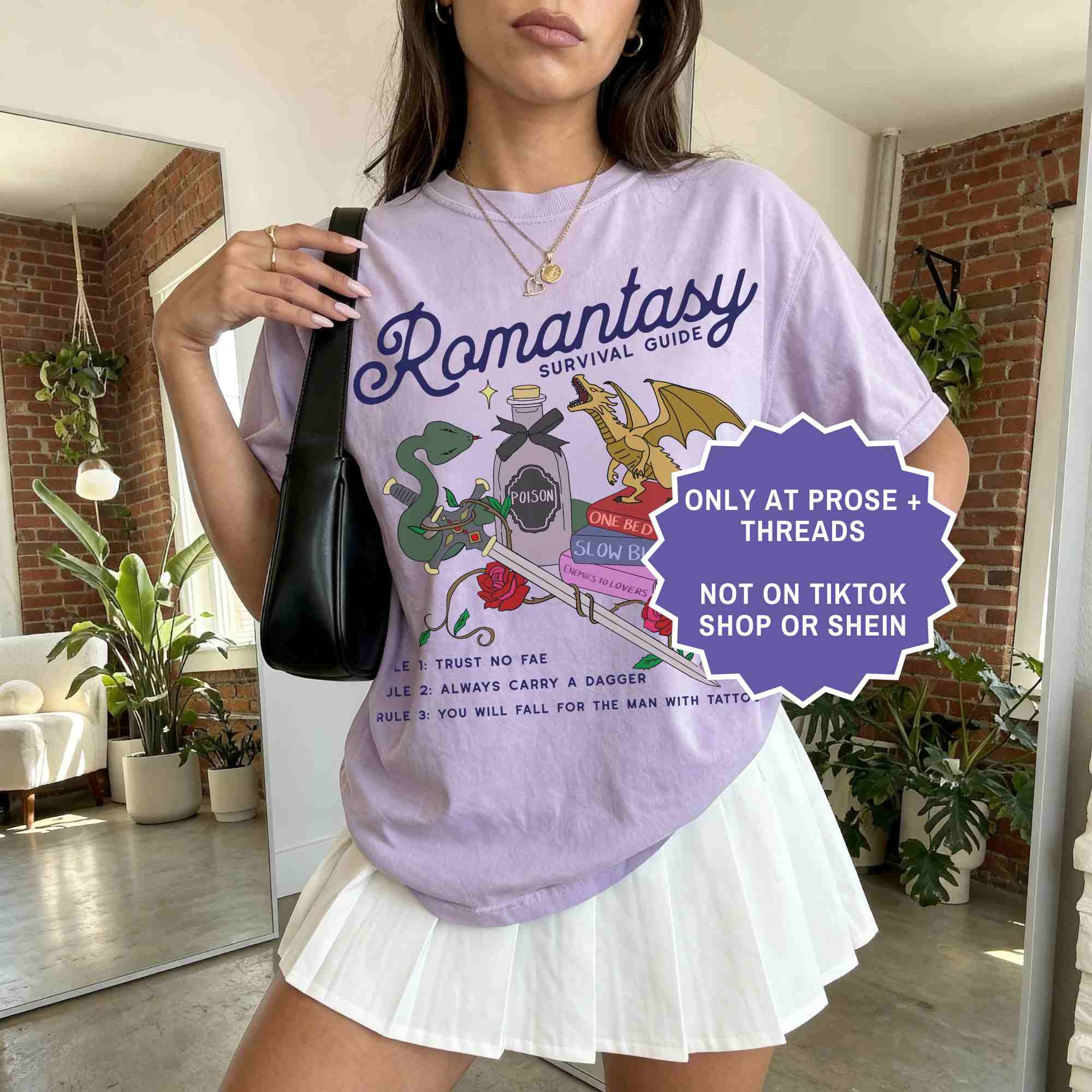 Romantasy survival guide tee for book lovers. A fun, aesthetic shirt for BookTok readers and fantasy fans.