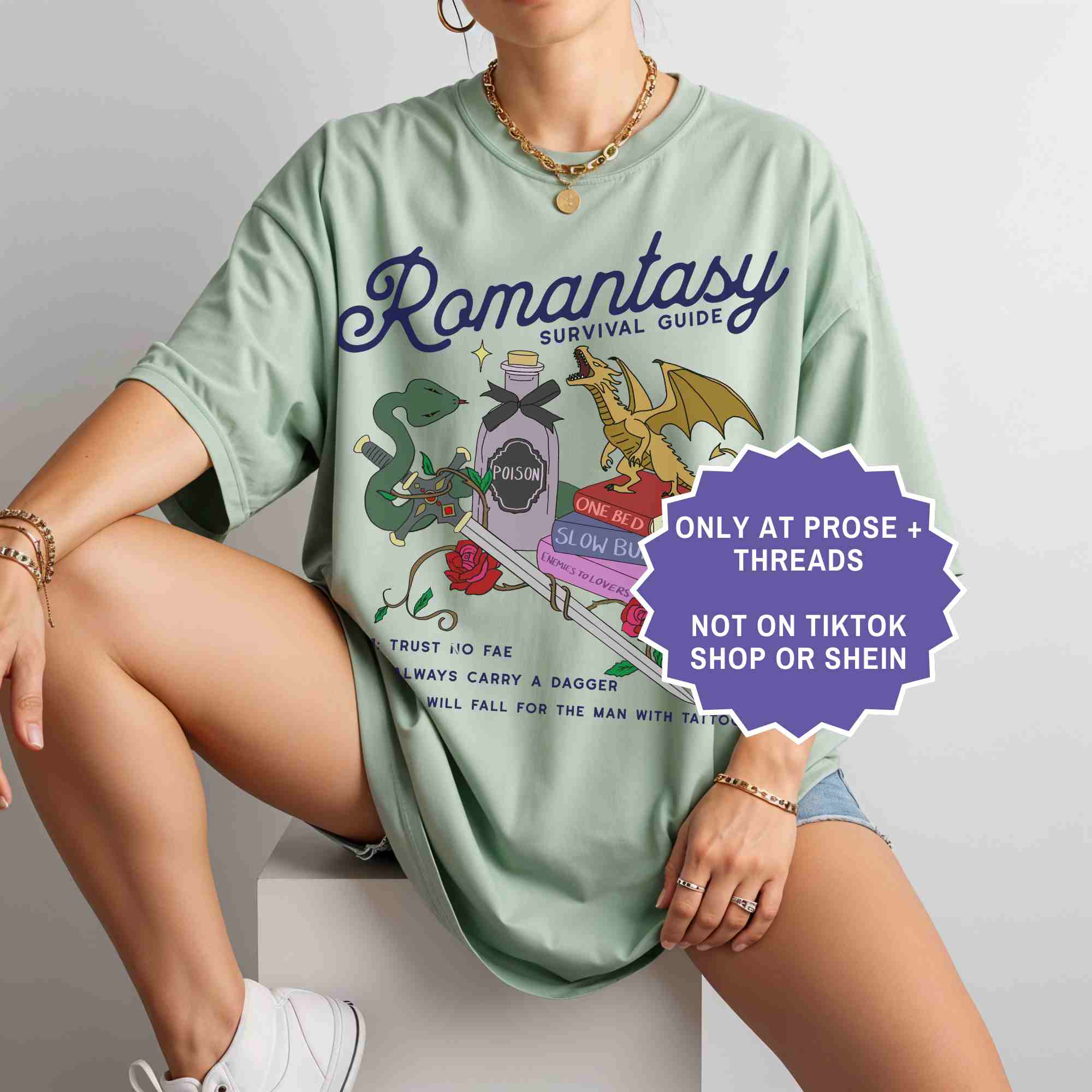 Romantasy survival guide tee for book lovers. A fun, aesthetic shirt for BookTok readers and fantasy fans.