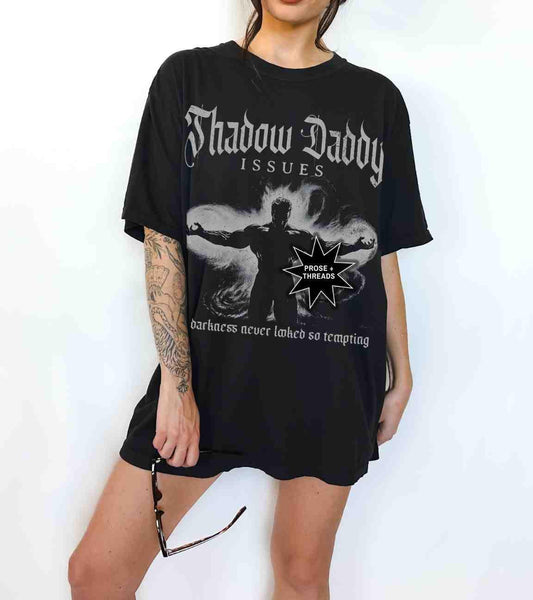 Woman wearing Shadow Daddy Shirt with dark romantasy graphic design