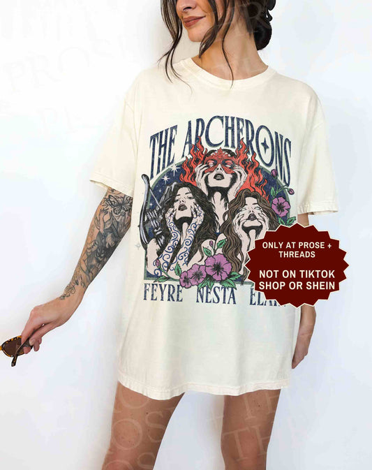 Archeron Sisters ACOTAR boxy tee featuring Feyre Nesta and Elain graphic design on a white relaxed fit t-shirt