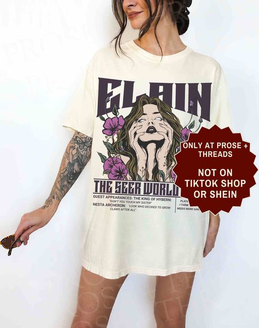 Elain The Seer World Tour ACOTAR graphic t-shirt with vintage concert style artwork on a white unisex tee