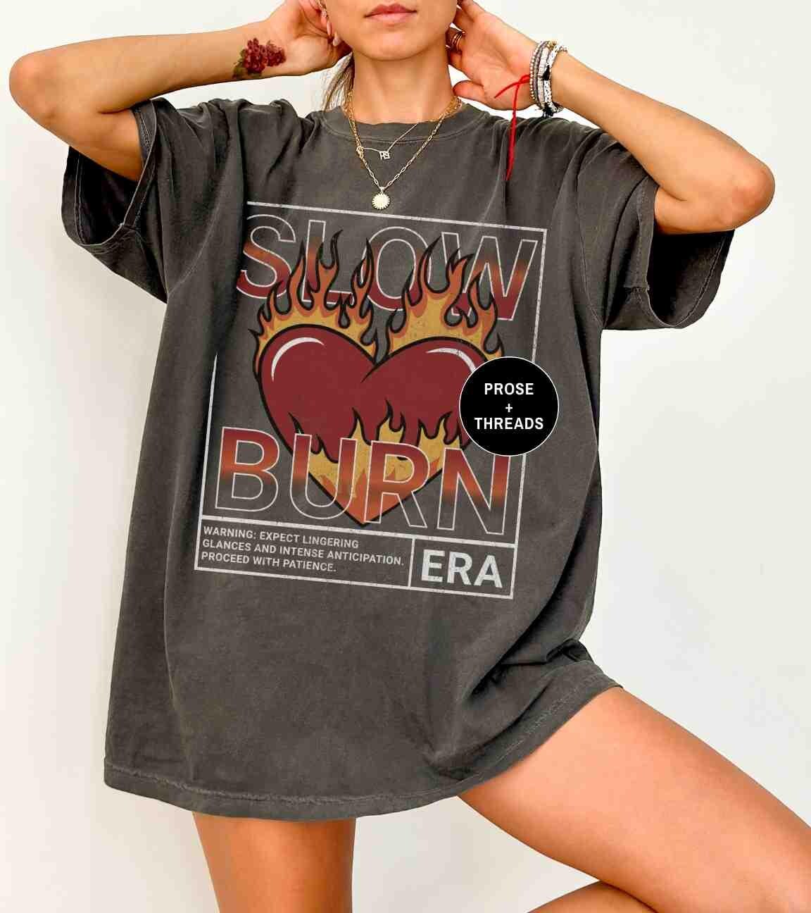 Woman wearing slow burn romance shirt with retro bookish design