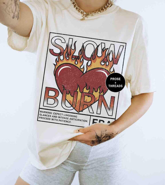 Slow Burn Romance book lover shirt with vintage heart graphic