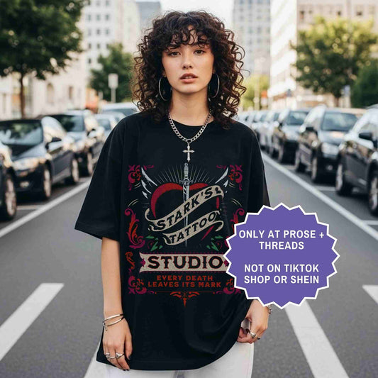 Stark’s Tattoo Studio tee inspired by Dire Bound. Dark romantasy shirt for BookTok readers and fantasy book lovers.
