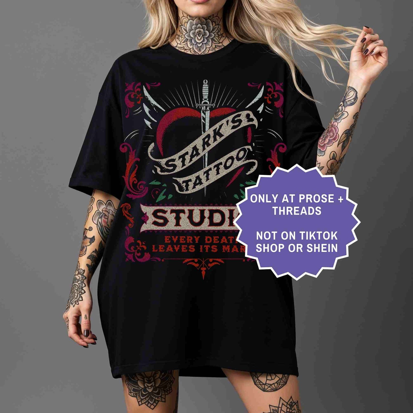 Stark’s Tattoo Studio tee inspired by Dire Bound. Dark romantasy shirt for BookTok readers and fantasy book lovers.