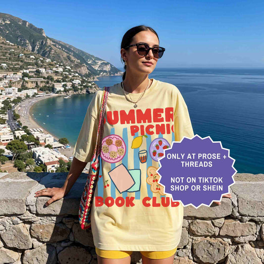 Summer picnic book club tee for book lovers. A cute, aesthetic shirt perfect for readers, book clubs, and sunny days.