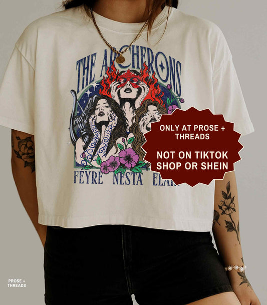 Archeron Sisters ACOTAR boxy tee featuring Feyre Nesta and Elain graphic design on a white relaxed fit t-shirt