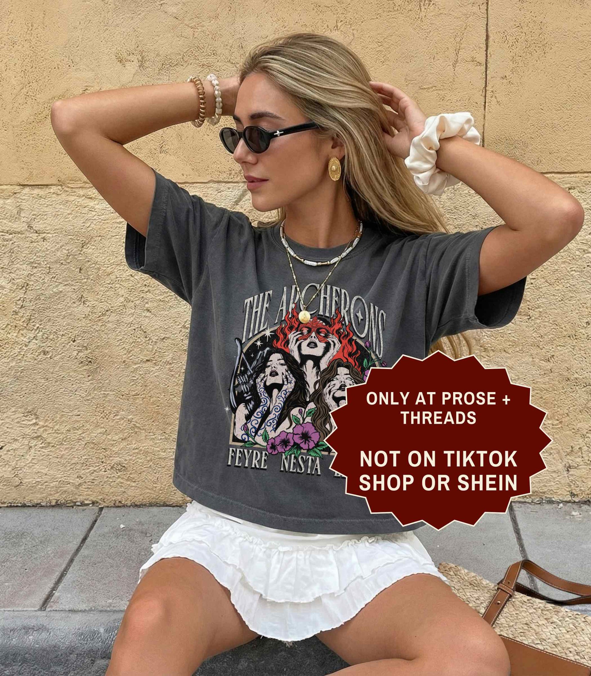 Archeron Sisters ACOTAR boxy tee featuring Feyre Nesta and Elain graphic design on a white relaxed fit t-shirt