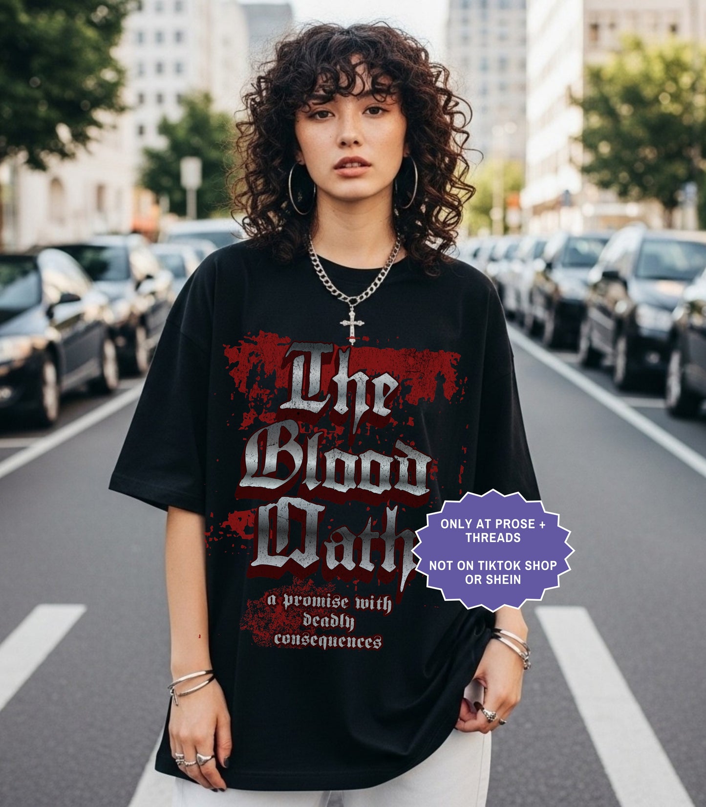 Black fantasy romance shirt inspired by Metal Slinger featuring gothic Blood Oath design with dark romantasy typography and distressed aesthetic