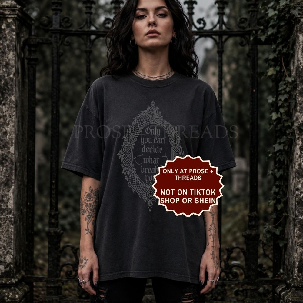 Nesta Archeron Death shirt in ivory with red Lady Death graphic, ACOTAR-inspired oversized bookish tee
