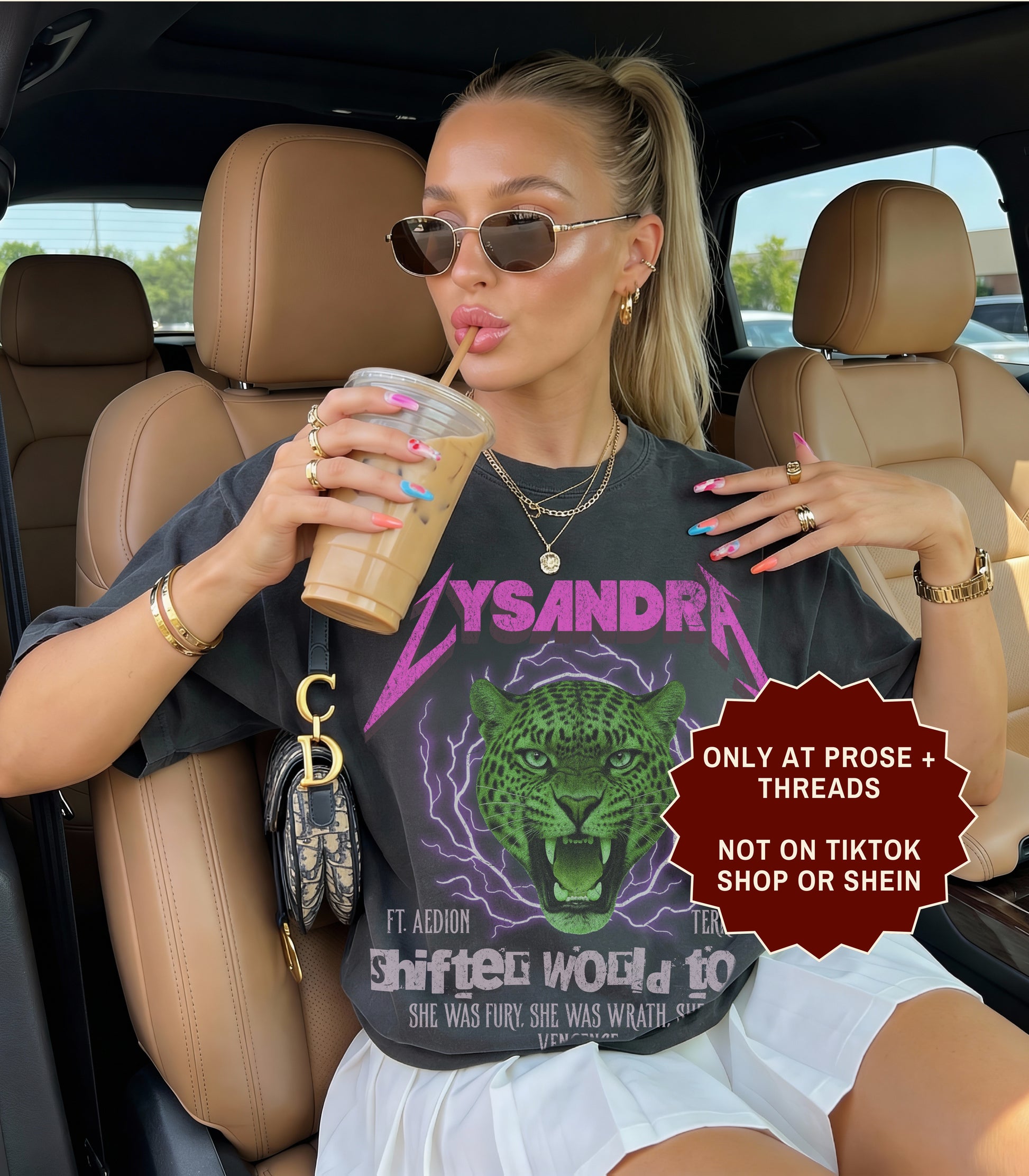 Lysandra Ennar Throne of Glass graphic t-shirt featuring a fierce green feline fantasy design on charcoal gray apparel