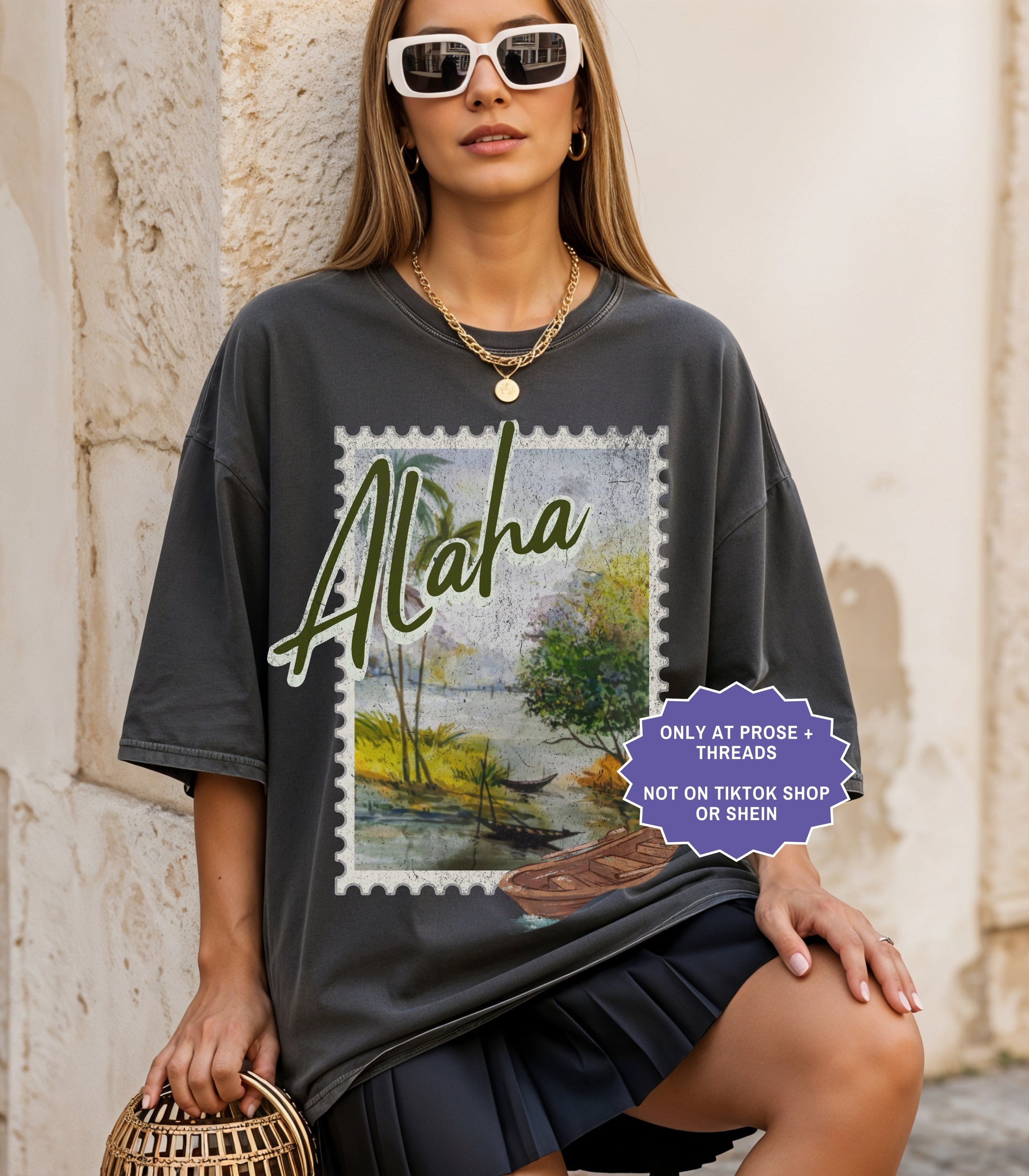 Vintage Alaha postcard fantasy romance shirt inspired by Metal Slinger by Rachel Schneider featuring scenic island artwork on oversized graphic tee