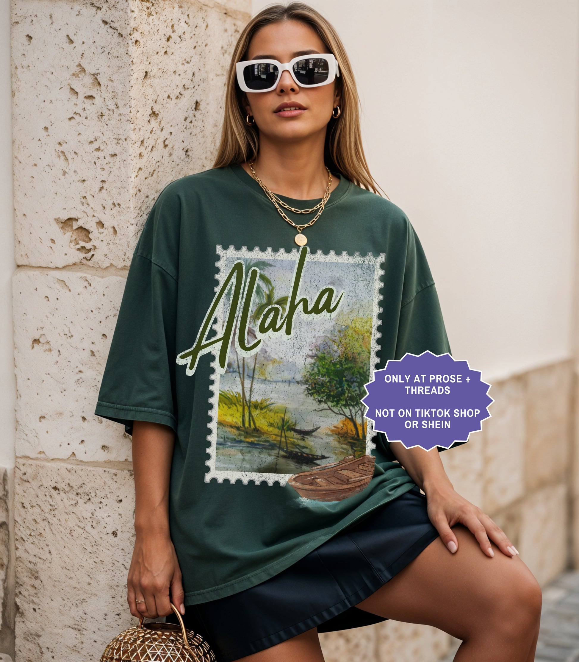 Vintage Alaha postcard fantasy romance shirt inspired by Metal Slinger by Rachel Schneider featuring scenic island artwork on oversized graphic tee